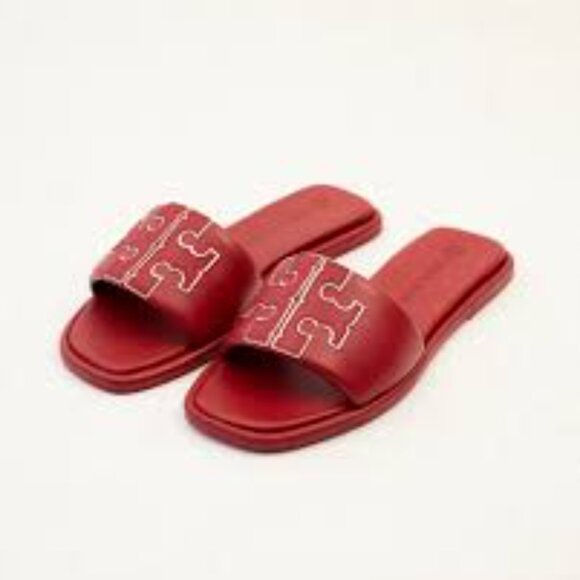 NIB Tory Burch T-Sport Double Slide Leather sandals RED - - Picture 3 of 4